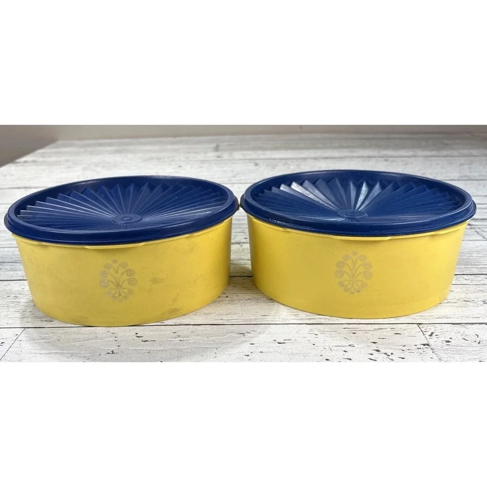 2 Vintage Tupperware Yellow‎ Large Servalier Containers # 1204-8 w/Lids